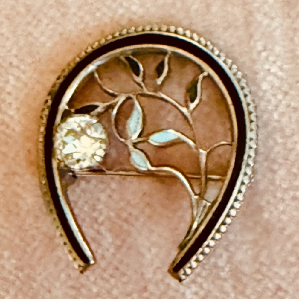 Vintage enamel and rhinestone horseshoe pin